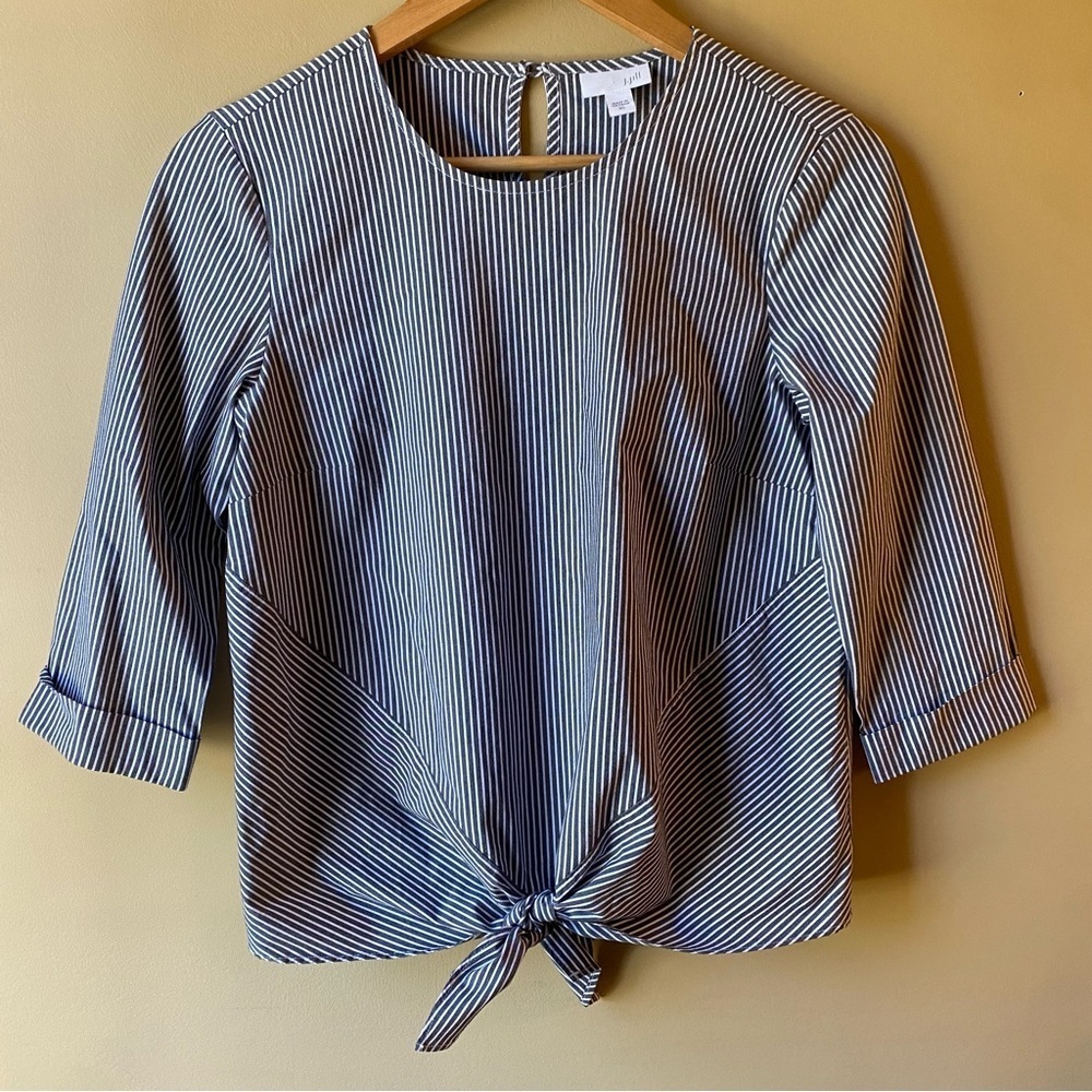 J. Jill Top Women's XS Gray White Striped Tie Front 3/4 Sleeves Casual Top